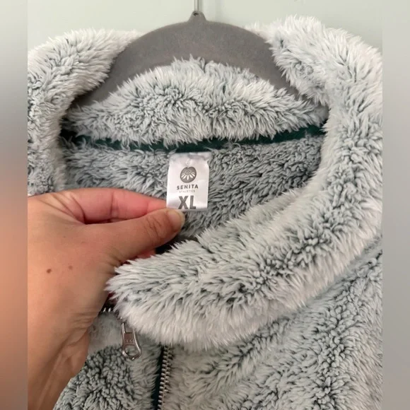 Senita Athletics Sherpa Bomber Full Zip-Up Fuzzy Fleece Jacket Gray Green XL - Picture 4 of 6